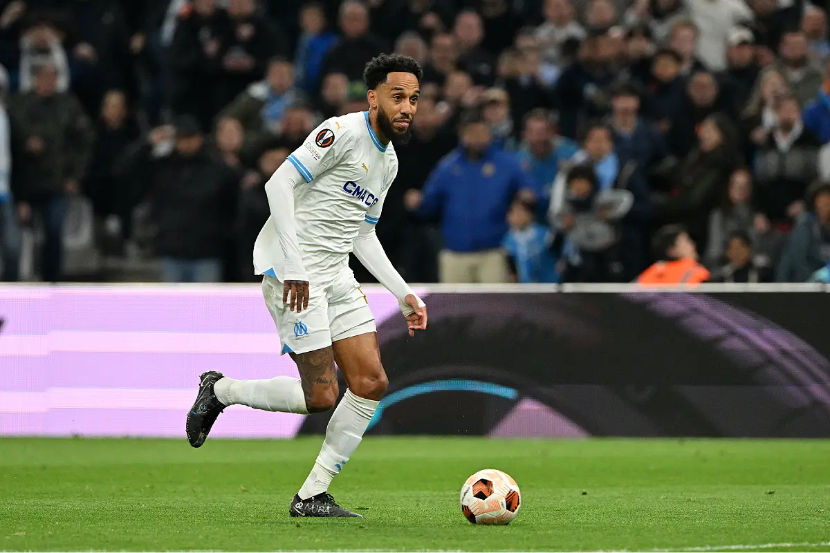 MARSEILLE, FRANCE - MAY 2: Pierre-Emerick Aubameyang of Olympique de Marseille during the UEFA Europa League 2023/24 Semi-Final first leg match between OM and Atalanta BC at Stade de Marseille on May 2, 2024 in Marseille, France.(Photo by Chris Ricco/Getty Images)