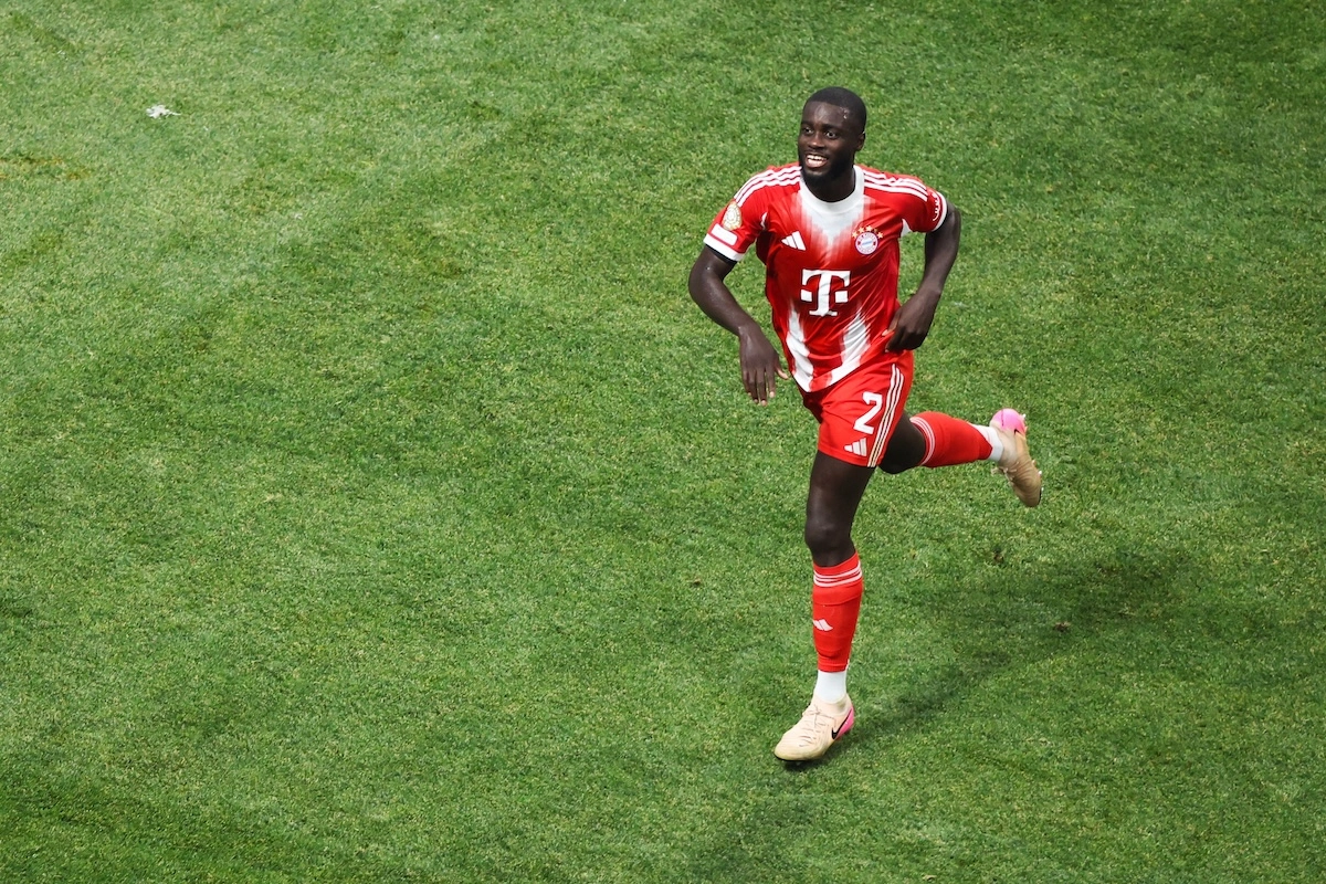 ATLANTA, GEORGIA - JULY 05: Dayot Upamecano #2 of FC Bayern Munchen celebrates scoring his team's first goal, later disallowed due to being offsides during the FIFA Club World Cup 2025 quarter-final match between Paris Saint-Germain and FC Bayern München at Mercedes-Benz Stadium on July 05, 2025 in Atlanta, Georgia. (Photo by Megan Briggs/Getty Images) l Real Madrid
