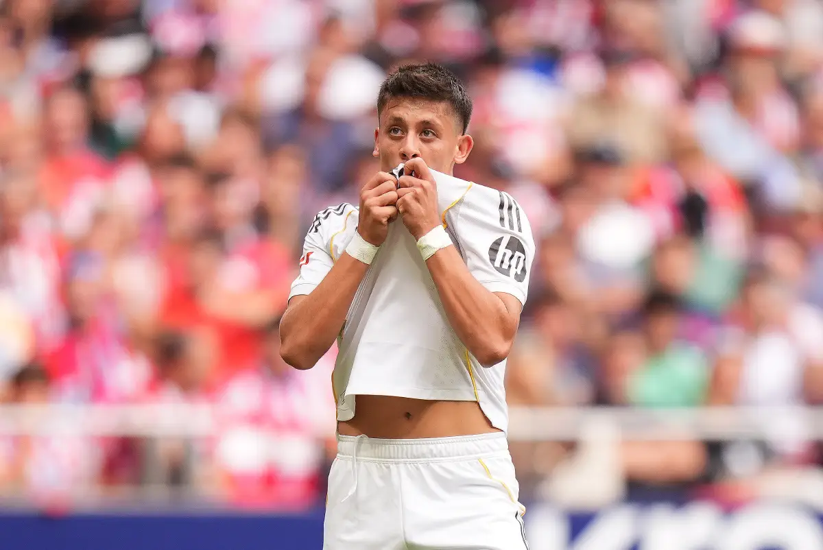 MADRID, SPAIN - SEPTEMBER 27: Arda Gueler of Real Madrid celebrates scoring his team's second goal during the LaLiga EA Sports match between Atletico de Madrid and Real Madrid CF at Riyadh Air Metropolitano on September 27, 2025 in Madrid, Spain. (Photo by Angel Martinez/Getty Images)