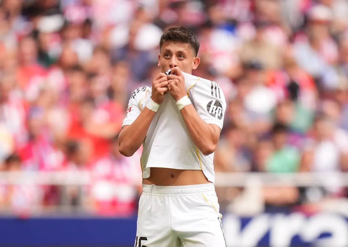 MADRID, SPAIN - SEPTEMBER 27: Arda Gueler of Real Madrid celebrates scoring his team's second goal during the LaLiga EA Sports match between Atletico de Madrid and Real Madrid CF at Riyadh Air Metropolitano on September 27, 2025 in Madrid, Spain. (Photo by Angel Martinez/Getty Images).