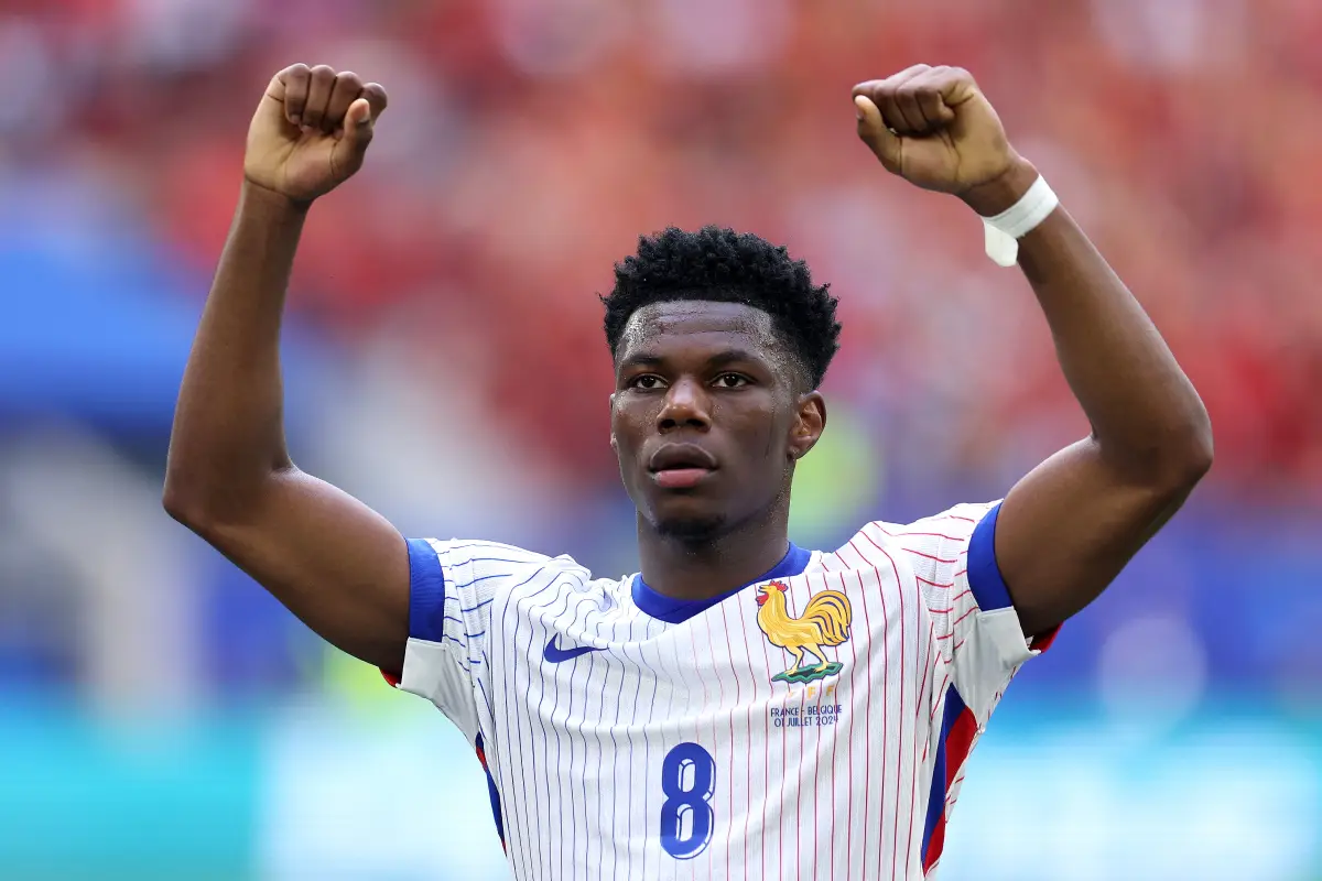DUSSELDORF, GERMANY - JULY 01: Aurelien Tchouameni of France celebrates victory after the UEFA EURO 2024 round of 16 match between France and Belgium at Düsseldorf Arena on July 01, 2024 in Dusseldorf, Germany. (Photo by Dean Mouhtaropoulos/Getty Images)