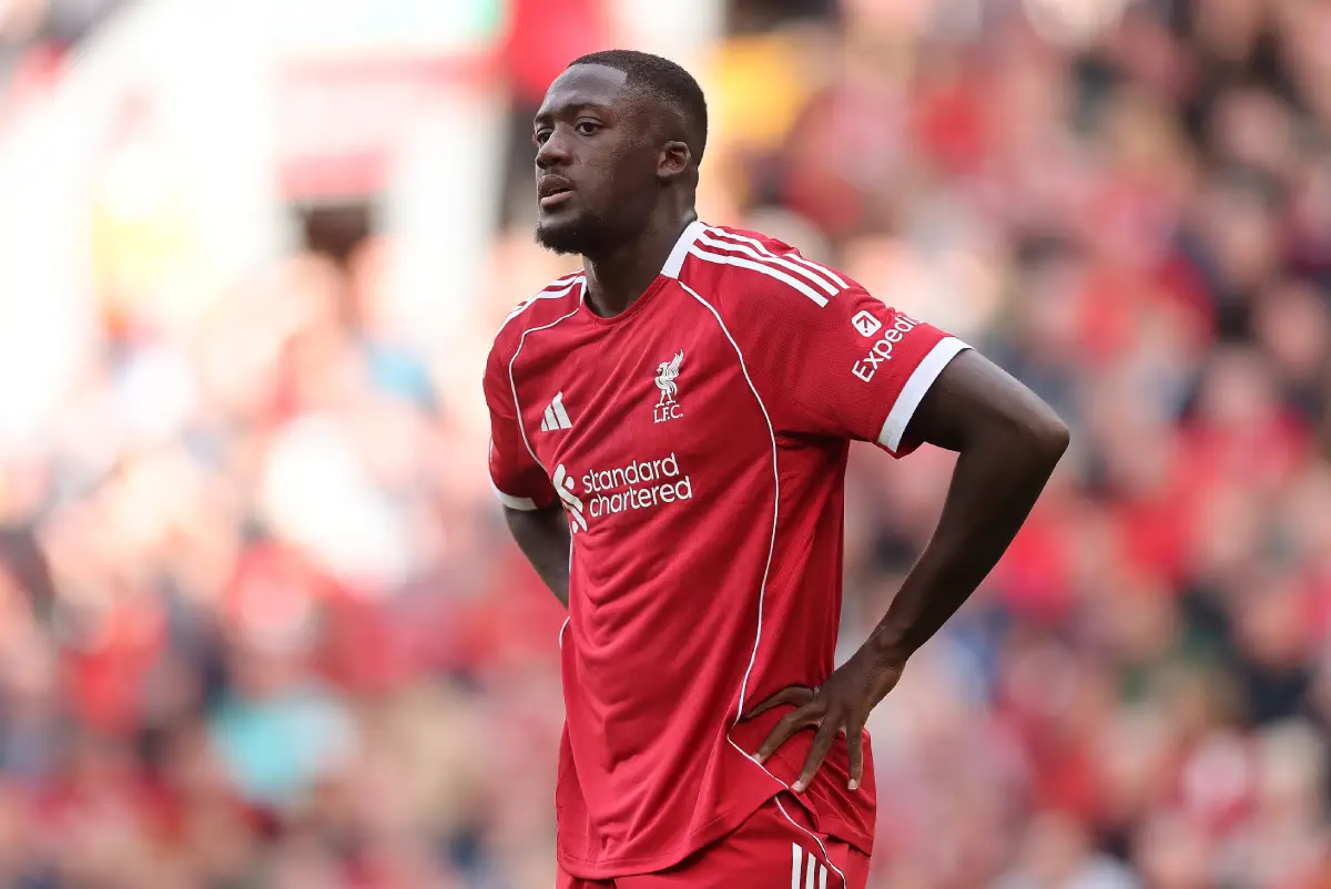 LIVERPOOL, ENGLAND - AUGUST 31: Ibrahima Konate of Liverpool looks on during the Premier League match between Liverpool and Arsenal at Anfield on August 31, 2025 in Liverpool, England. (Photo by Carl Recine/Getty Images)