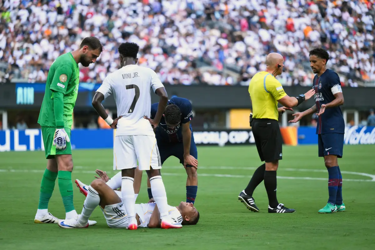 EAST RUTHERFORD, NEW JERSEY - JULY 09: Kylian Mbappe #9 of Real Madrid C.F. reacts to injury during the FIFA Club World Cup 2025 semi-final match between Paris Saint-Germain and Real Madrid CF at MetLife Stadium on July 09, 2025 in East Rutherford, New Jersey. (Photo by David Ramos/Getty Images)