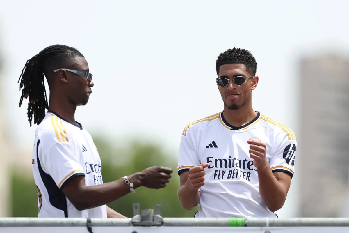 MADRID, SPAIN - MAY 12: Jude Bellingham and Eduardo Camavinga of Real Madrid CF react during the celebration of the 36th Spanish soccer league at Cibeles on May 12, 2024 in Madrid, Spain. (Photo by Florencia Tan Jun/Getty Images)