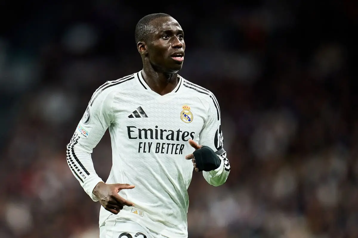 MADRID, SPAIN - MARCH 04: Ferland Mendy of Real Madrid looks on during the UEFA Champions League 2024/25 UEFA Champions League 2024/25 Round of 16 first leg match between Real Madrid C.F. and Atletico de Madrid at on March 04, 2025 in Madrid, Spain. (Photo by Aitor Alcalde/Getty Images).