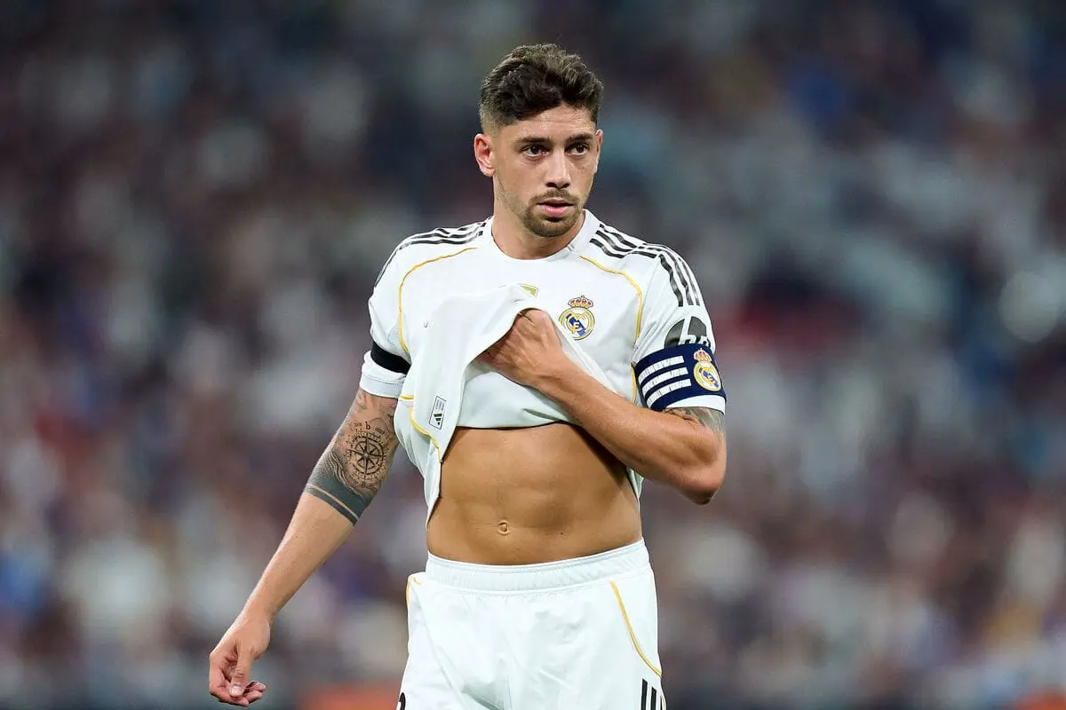 MADRID, SPAIN - AUGUST 19: Federico Valverde of Real Madrid looks on during the LaLiga EA Sports match between Real Madrid CF and CA Osasuna at Estadio Santiago Bernabeu on August 19, 2025 in Madrid, Spain. (Photo by Angel Martinez/Getty Images).