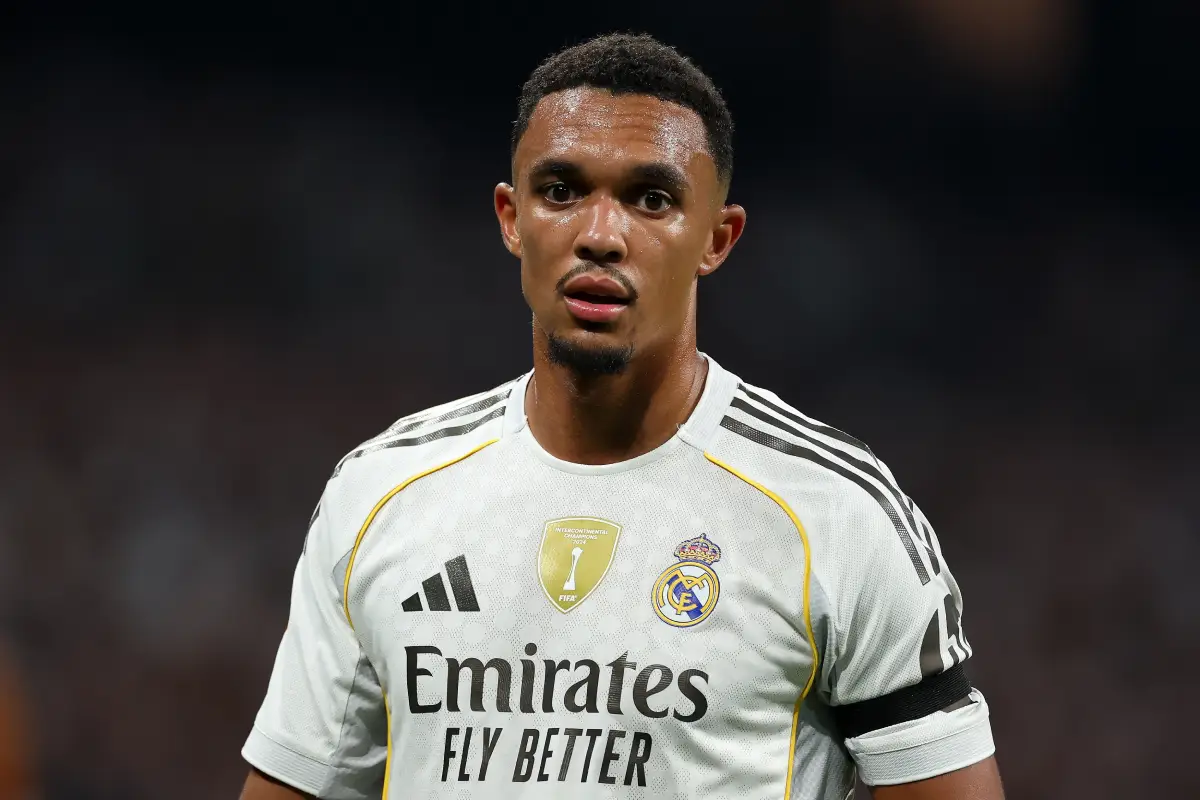 MADRID, SPAIN - AUGUST 19: Trent Alexander-Arnold of Real Madrid looks on during the LaLiga EA Sports match between Real Madrid CF and CA Osasuna at Estadio Santiago Bernabeu on August 19, 2025 in Madrid, Spain. (Photo by Florencia Tan Jun/Getty Images)