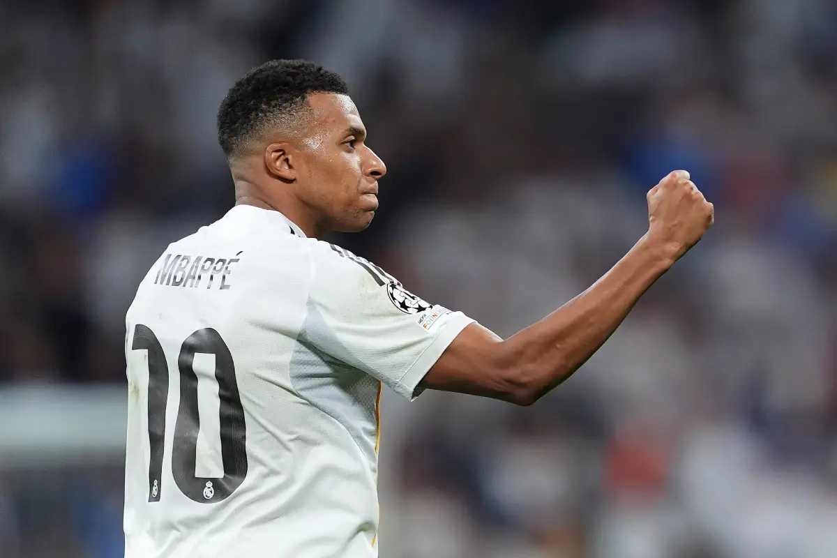 MADRID, SPAIN - SEPTEMBER 16: Kylian Mbappe of Real Madrid celebrates scoring his team's second goal from the penalty spot during the UEFA Champions League 2025/26 League Phase MD1 match between Real Madrid C.F. and Olympique de Marseille at Estadio Santiago Bernabeu on September 16, 2025 in Madrid, Spain. (Photo by Mateo Villalba Sanchez/Getty Images)
