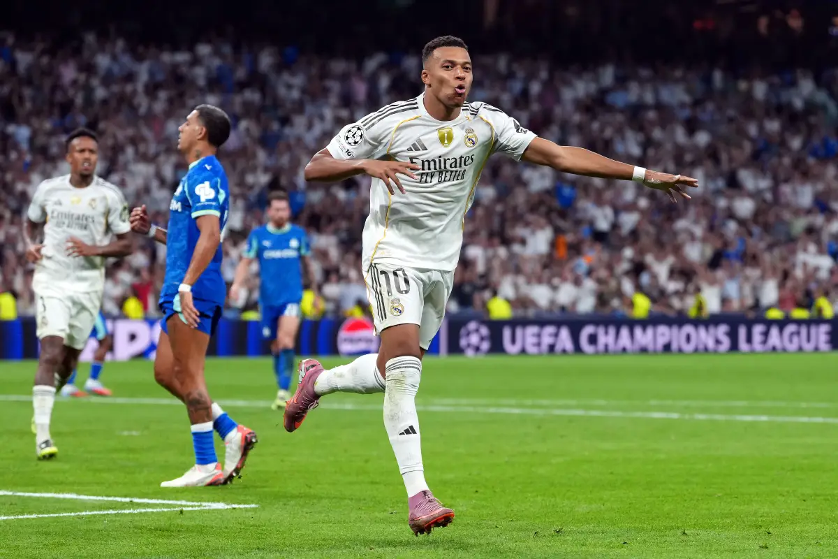 MADRID, SPAIN - SEPTEMBER 16: Kylian Mbappe of Real Madrid celebrates scoring his team's second goal from the penalty spot during the UEFA Champions League 2025/26 League Phase MD1 match between Real Madrid C.F. and Olympique de Marseille at Estadio Santiago Bernabeu on September 16, 2025 in Madrid, Spain. (Photo by Mateo Villalba Sanchez/Getty Images)