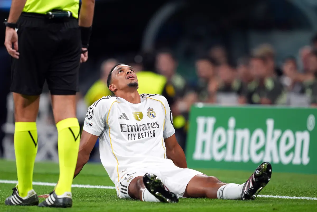 MADRID, SPAIN - SEPTEMBER 16: Trent Alexander-Arnold of Real Madrid reacts after picking up an injury during the UEFA Champions League 2025/26 League Phase MD1 match between Real Madrid C.F. and Olympique de Marseille at Estadio Santiago Bernabeu on September 16, 2025 in Madrid, Spain. (Photo by Mateo Villalba Sanchez/Getty Images)