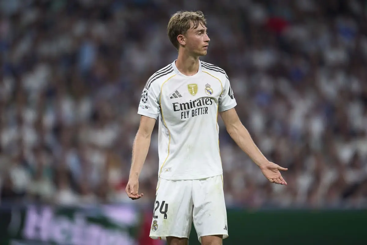 MADRID, SPAIN - SEPTEMBER 16: Dean Huijsen of Real Madrid reacts during the UEFA Champions League 2025/26 League Phase MD1 match between Real Madrid C.F. and Olympique de Marseille at Estadio Santiago Bernabeu on September 16, 2025 in Madrid, Spain. (Photo by Mateo Villalba Sanchez/Getty Images)