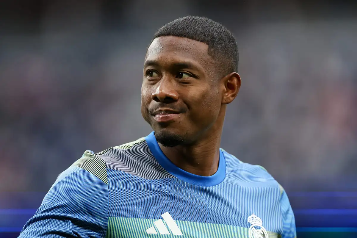 MADRID, SPAIN - SEPTEMBER 20: David Alaba of Real Madrid looks on prior to the LaLiga EA Sports match between Real Madrid CF and RCD Espanyol de Barcelona at Estadio Santiago Bernabeu on September 20, 2025 in Madrid, Spain. (Photo by Florencia Tan Jun/Getty Images).