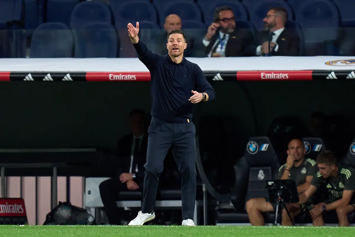 MADRID, SPAIN - AUGUST 30: Xabi Alonso, Head Coach of Real Madrid gestures during the LaLiga EA Sports match between Real Madrid CF and RCD Mallorca at Estadio Santiago Bernabeu on August 30, 2025 in Madrid, Spain. (Photo by Angel Martinez/Getty Images)
