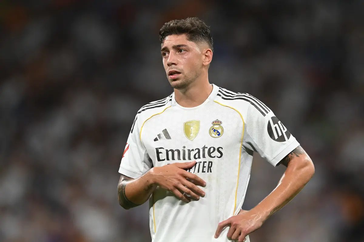 MADRID, SPAIN - AUGUST 30: Federico Valverde of Real Madrid looks on during the LaLiga EA Sports match between Real Madrid CF and RCD Mallorca at Estadio Santiago Bernabeu on August 30, 2025 in Madrid, Spain. (Photo by Denis Doyle/Getty Images)