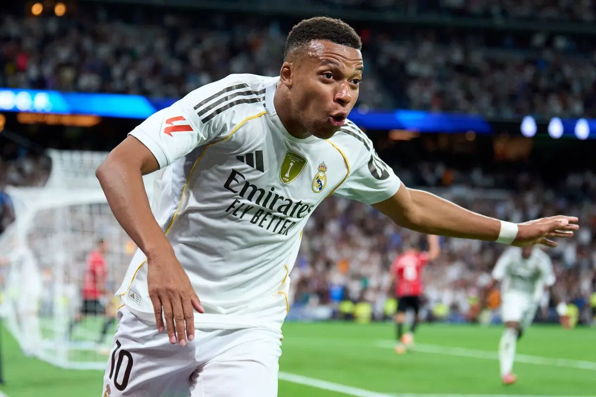 MADRID, SPAIN - AUGUST 30: Kylian Mbappe of Real Madrid celebrates after scoring a goal which was ruled out due to offside during the LaLiga EA Sports match between Real Madrid CF and RCD Mallorca at Estadio Santiago Bernabeu on August 30, 2025 in Madrid, Spain. (Photo by Angel Martinez/Getty Images).