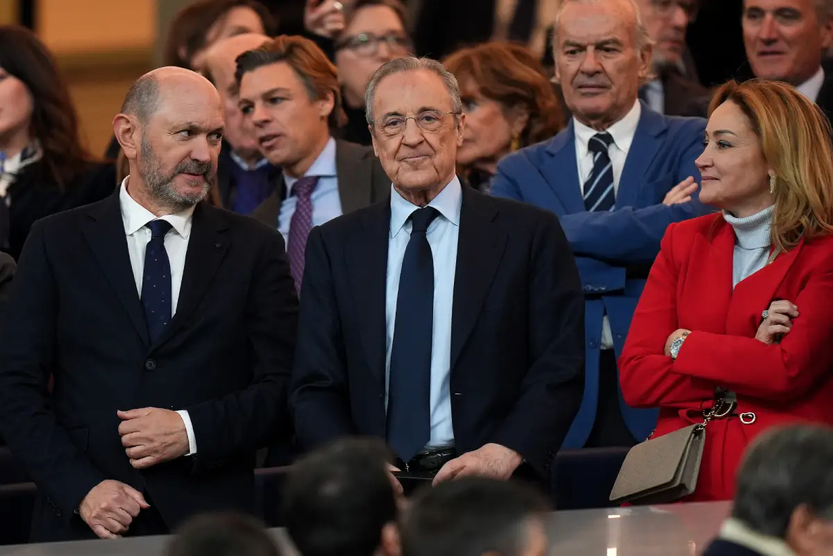 MADRID, SPAIN - JANUARY 16: Rafael Louzan, the President of the Spanish Football federation and Florentino Perez, President of Real Madrid are pictured together prior to during the Copa Del Rey match between Real Madrid and Celta de Vigo at Estadio Santiago Bernabeu on January 16, 2025 in Madrid, Spain. (Photo by Angel Martinez/Getty Images)