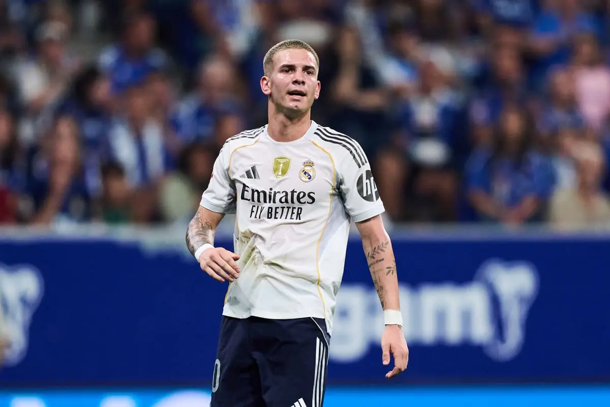 OVIEDO, SPAIN - AUGUST 24: Franco Mastantuono of Real Madrid looks on during the LaLiga EA Sports match between Real Oviedo and Real Madrid CF at Carlos Tartiere on August 24, 2025 in Oviedo, Spain. (Photo by Juan Manuel Serrano Arce/Getty Images)