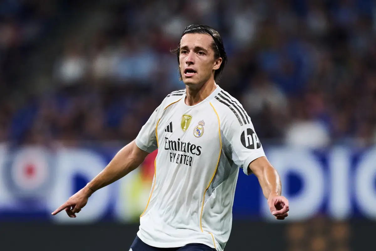 OVIEDO, SPAIN - AUGUST 24: Alvaro Carreras of Real Madrid looks on during the LaLiga EA Sports match between Real Oviedo and Real Madrid CF at Carlos Tartiere on August 24, 2025 in Oviedo, Spain. (Photo by Juan Manuel Serrano Arce/Getty Images)