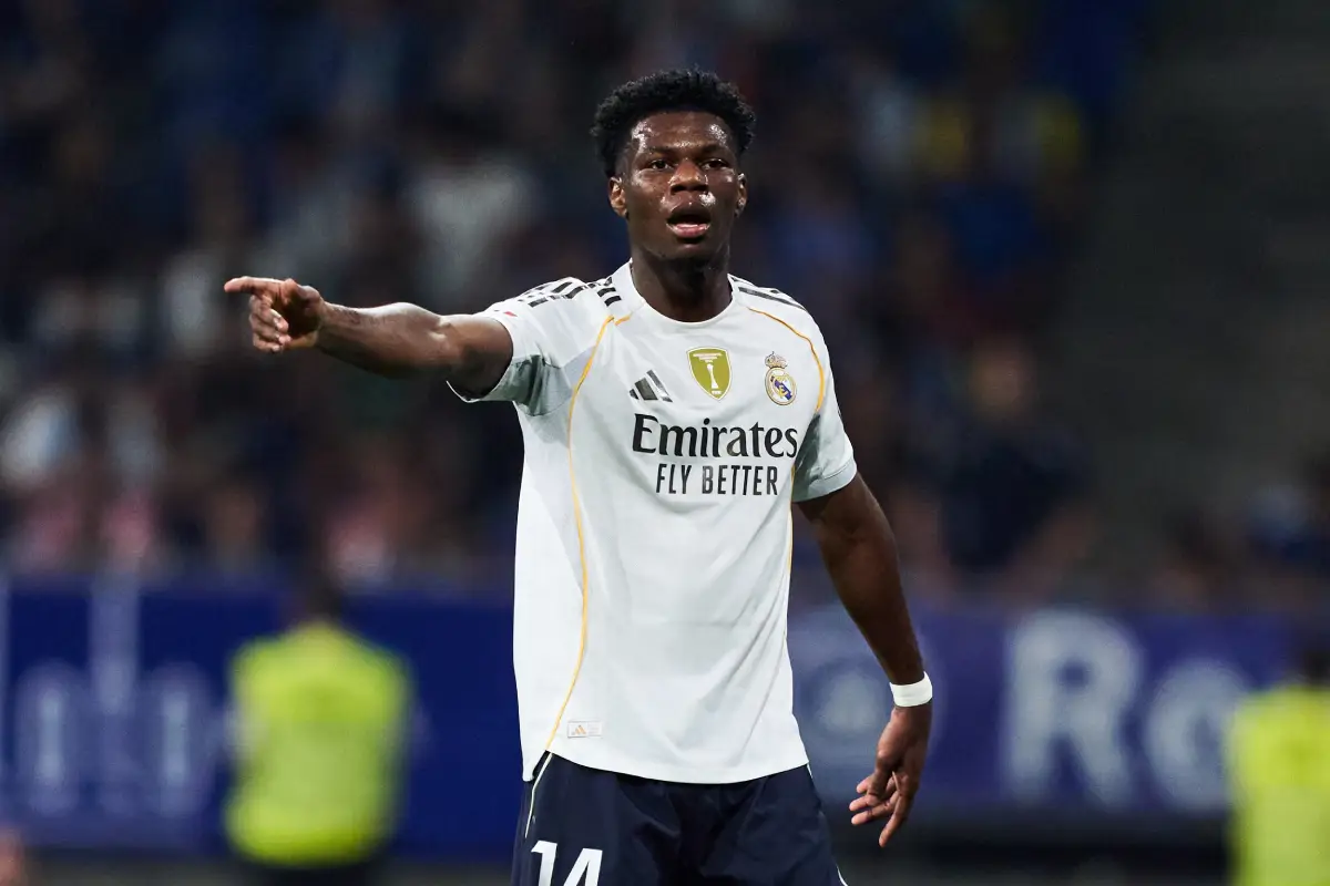 OVIEDO, SPAIN - AUGUST 24: Aurelien Tchouameni of Real Madrid reacts during the LaLiga EA Sports match between Real Oviedo and Real Madrid CF at Carlos Tartiere on August 24, 2025 in Oviedo, Spain. (Photo by Juan Manuel Serrano Arce/Getty Images)