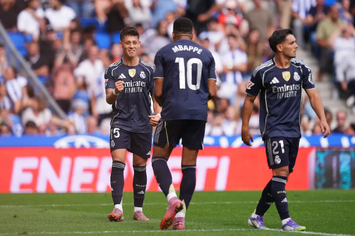 SAN SEBASTIAN, SPAIN - SEPTEMBER 13: Arda Güler of Real Madrid celebrates scoring his team's second goal during the LaLiga EA Sports match between Real Sociedad and Real Madrid CF at Reale Arena on September 13, 2025 in San Sebastian, Spain. (Photo by Juan Manuel Serrano Arce/Getty Images)
