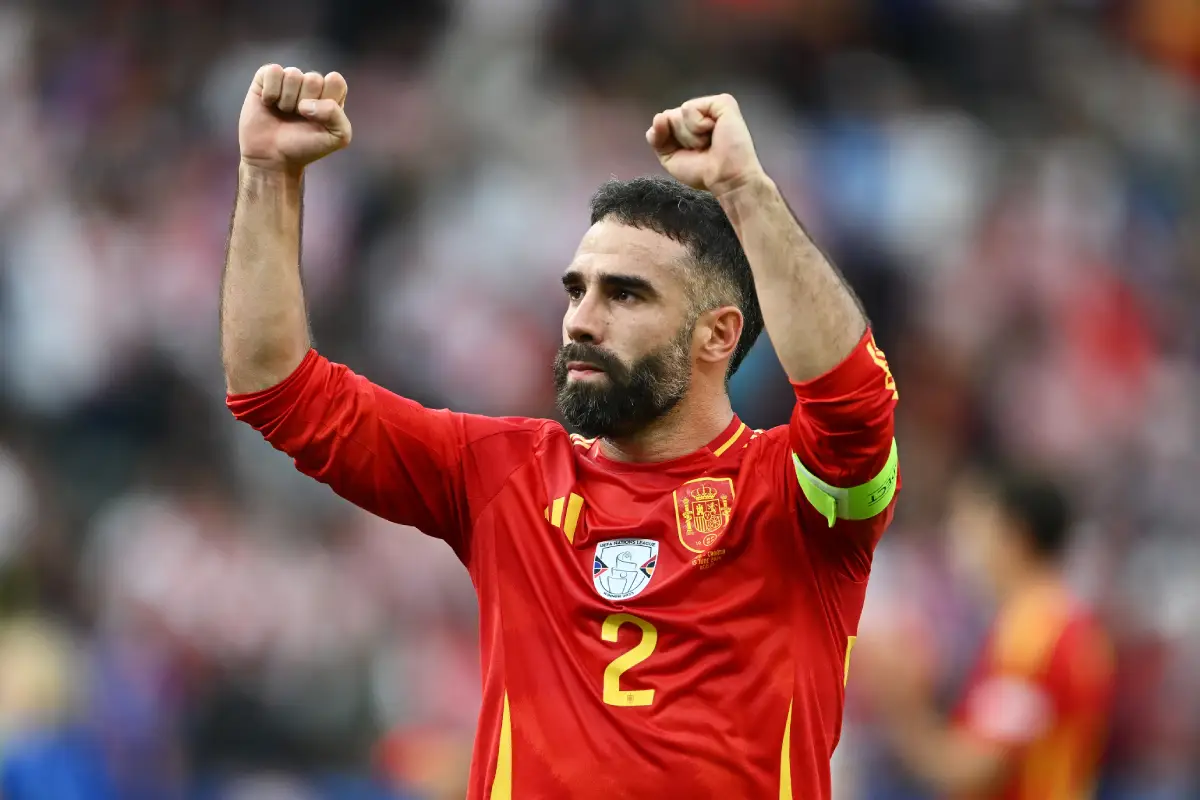 BERLIN, GERMANY - JUNE 15: Daniel Carvajal of Spain celebrates after the team's victory in the UEFA EURO 2024 group stage match between Spain and Croatia at Olympiastadion on June 15, 2024 in Berlin, Germany. (Photo by Dan Mullan/Getty Images)