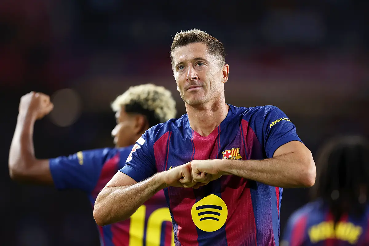 BARCELONA, SPAIN - SEPTEMBER 28: Robert Lewandowski of FC Barcelona celebrates scoring his team's second goal during the LaLiga EA Sports match between FC Barcelona and Real Sociedad at Estadi Olimpic Lluis Companys on September 28, 2025 in Barcelona, Spain. (Photo by Judit Cartiel/Getty Images)