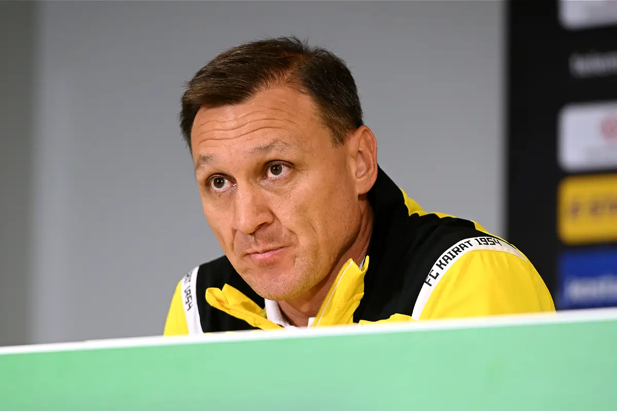 LJUBLJANA, SLOVENIA - JULY 08: Rafael Urazbakhtin, Head Coach of FC Kairat speaks to the media in a post match press conference following the UEFA Champions League 2025/26 first qualifying round first leg match between Olimpija and Kairat Almaty at Stadion Stozice on July 08, 2025 in Ljubljana, Slovenia. (Photo by Jurij Kodrun/Getty Images)