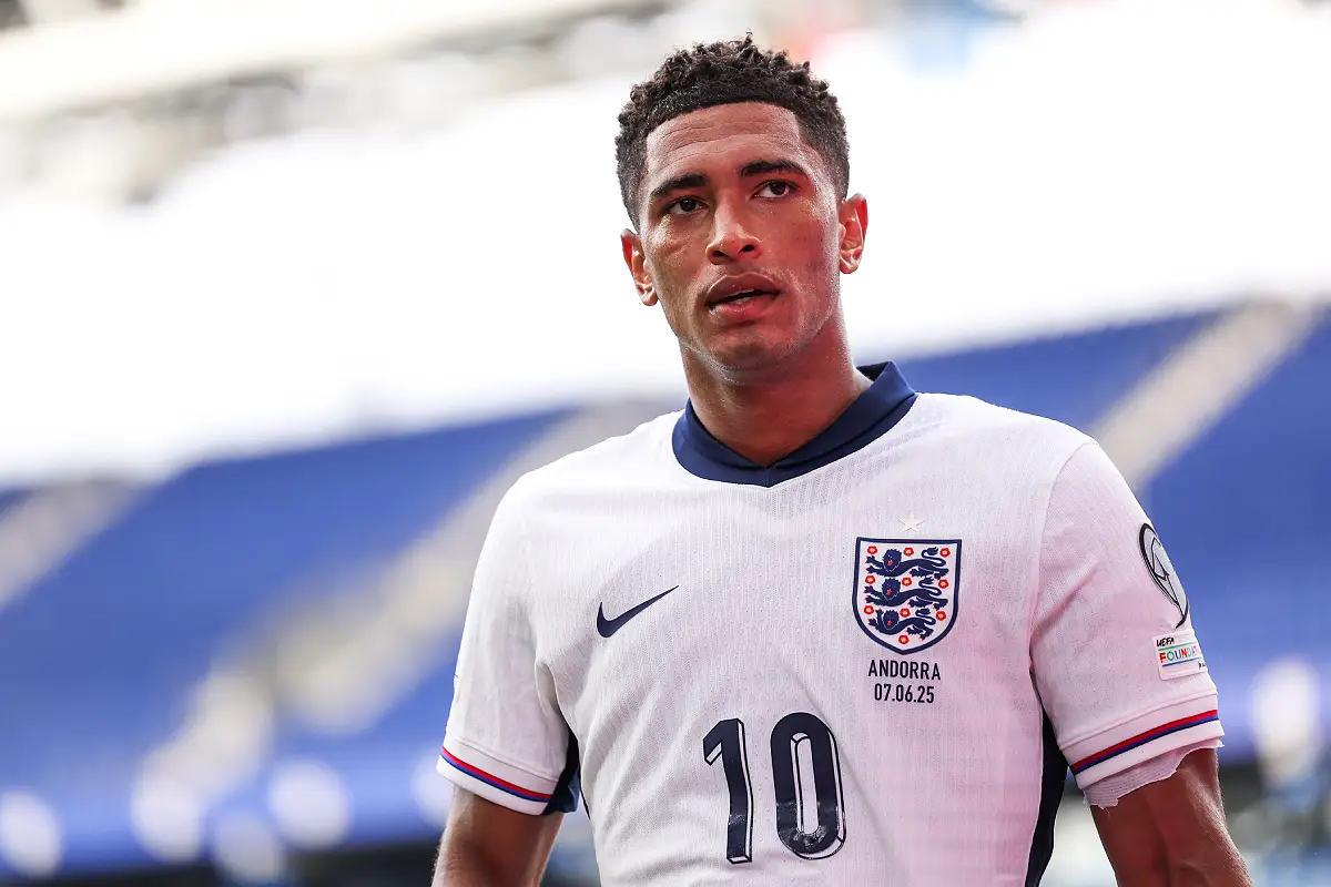 BARCELONA, SPAIN - JUNE 07: Jude Bellingham of England looks on during the FIFA World Cup 2026 European Qualifier between Andorra and England at RCDE Stadium on June 07, 2025 in Barcelona, Spain. (Photo by Judit Cartiel/Getty Images)