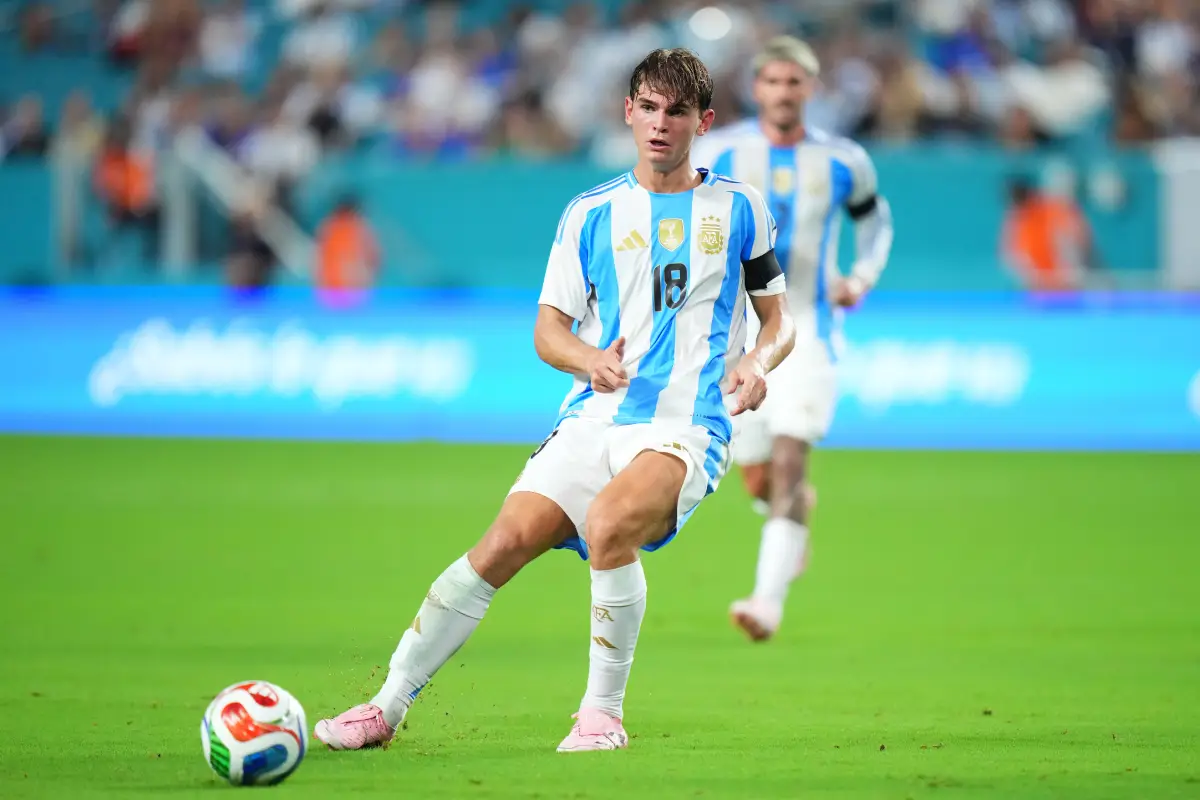 MIAMI GARDENS, FLORIDA - OCTOBER 10: Nico Paz of Argentina shoots during the International Friendly between Argentina and Venezuela at Hard Rock Stadium on October 10, 2025 in Miami Gardens, Florida. (Photo by Rich Storry/Getty Images)