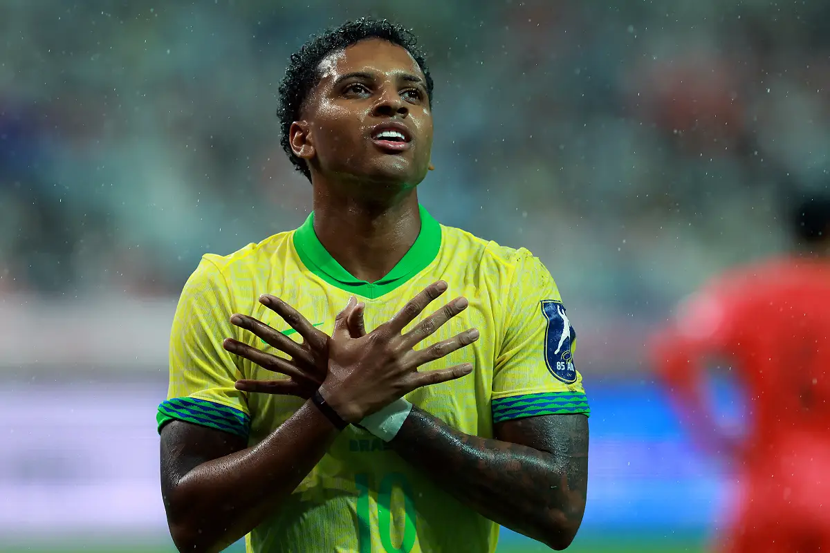 SEOUL, SOUTH KOREA - OCTOBER 10: Rodrygo of Brazil celebrates after scoring the team's second goal during the international friendly between South Korea and Brazil at Seoul World Cup Stadium on October 10, 2025 in Seoul, South Korea. (Photo by Han Myung-Gu/Getty Images)