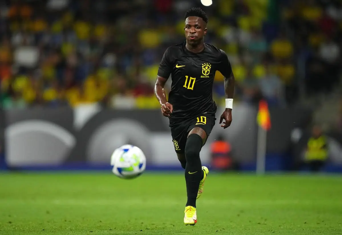 BARCELONA, SPAIN - JUNE 17: Vinicius Junior of Brazil looks on from off the ball during an International Friendly match between Brazil and Guinea at Stage Front Stadium on June 17, 2023 in Barcelona, Spain. (Photo by Alex Caparros/Getty Images)