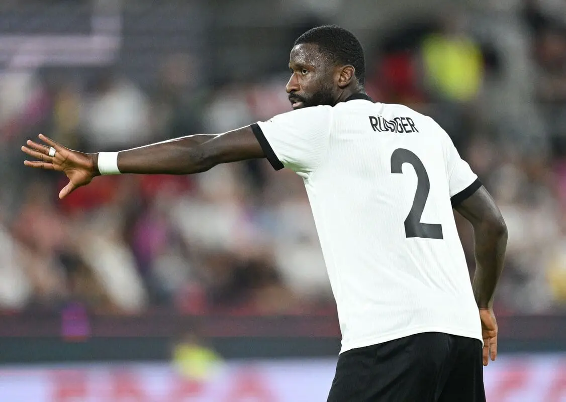 COLOGNE, GERMANY - SEPTEMBER 07: Antonio Rüdiger of Germany gestures during the FIFA World Cup 2026 qualifier match between Germany and Northern Ireland at RheinEnergieStadion on September 07, 2025 in Cologne, Germany. (Photo by Stuart Franklin/Getty Images)