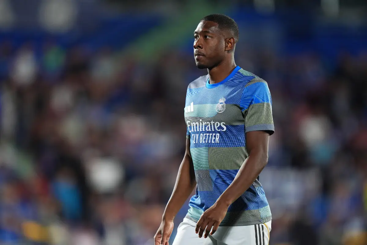 GETAFE, SPAIN - OCTOBER 19: David Alaba of Real Madrid looks on as he warms up prior to the LaLiga EA Sports match between Getafe CF and Real Madrid CF at Coliseum Alfonso Perez on October 19, 2025 in Getafe, Spain. (Photo by Angel Martinez/Getty Images)