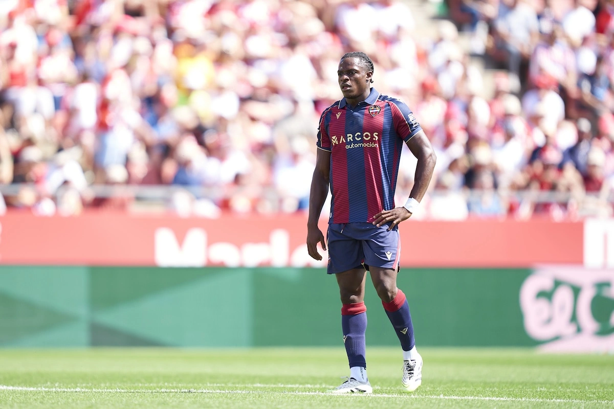 GIRONA, SPAIN - SEPTEMBER 20: Karl Etta Eyong of Levante UD looks on during the LaLiga EA Sports match between Girona FC and Levante UD at Montilivi Stadium on September 20, 2025 in Girona, Spain. (Photo by Pedro Salado/Getty Images) l Real Madrid