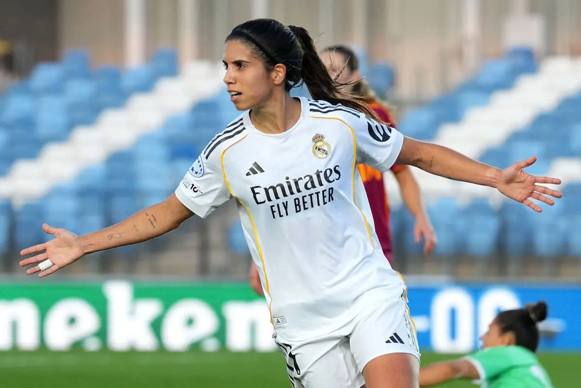 MADRID, SPAIN - OCTOBER 08: Alba Redondo of Real Madrid celebrates scoring her team's third goal during the UEFA Women's Champions League 2025/26 league phase match between Real Madrid CF and AS Roma at Estadio Alfredo Di Stefano on October 08, 2025 in Madrid, Spain. (Photo by Aitor Alcalde/Getty Images)