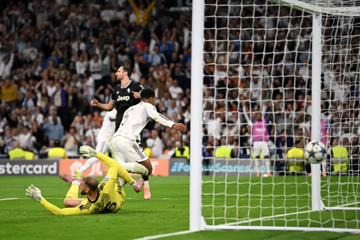 MADRID, SPAIN - OCTOBER 22: Jude Bellingham of Real Madrid celebrates scoring his team's first goal during the UEFA Champions League 2025/26 League Phase MD3 match between Real Madrid C.F. and Juventus at Estadio Santiago Bernabeu on October 22, 2025 in Madrid, Spain. (Photo by Denis Doyle/Getty Images)
