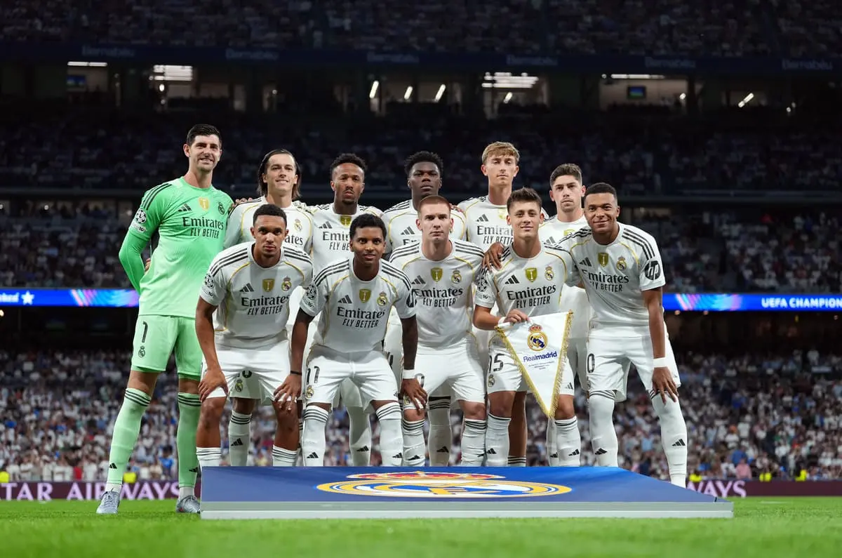 MADRID, SPAIN - SEPTEMBER 16: Players of Real Madrid pose for a team photograph prior to the UEFA Champions League 2025/26 League Phase MD1 match between Real Madrid C.F. and Olympique de Marseille at Estadio Santiago Bernabeu on September 16, 2025 in Madrid, Spain. (Photo by Mateo Villalba Sanchez/Getty Images)