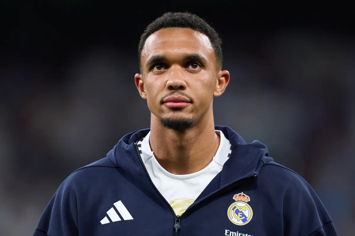 MADRID, SPAIN - SEPTEMBER 16: Trent Alexander-Arnold of Real Madrid looks on prior to the UEFA Champions League 2025/26 League Phase MD1 match between Real Madrid C.F. and Olympique de Marseille at Estadio Santiago Bernabeu on September 16, 2025 in Madrid, Spain. (Photo by Mateo Villalba Sanchez/Getty Images)