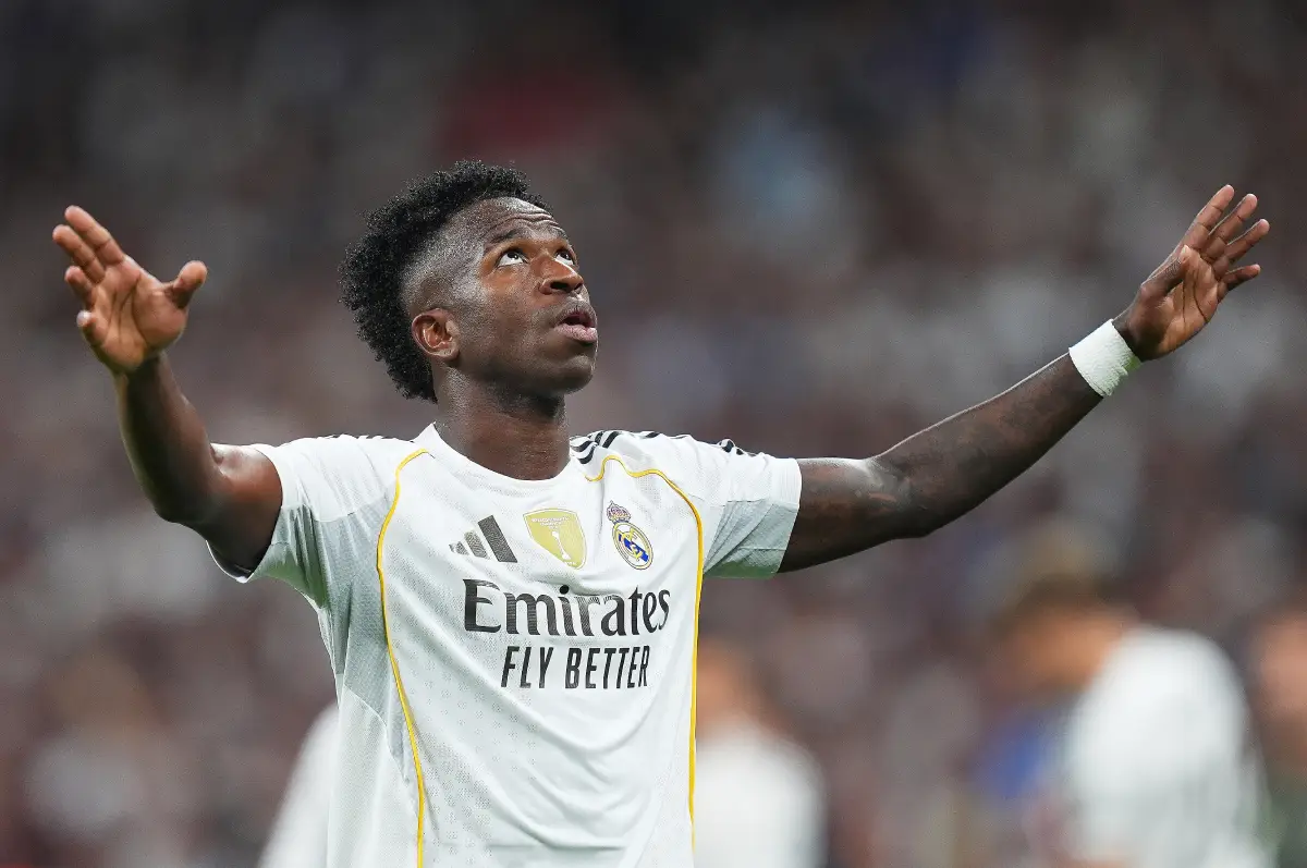 MADRID, SPAIN - OCTOBER 04: Vinicius Jr. of Real Madrid celebrates scoring his team's first goal during the LaLiga EA Sports match between Real Madrid CF and Villarreal CF at Estadio Santiago Bernabeu on October 04, 2025 in Madrid, Spain. (Photo by Angel Martinez/Getty Images)