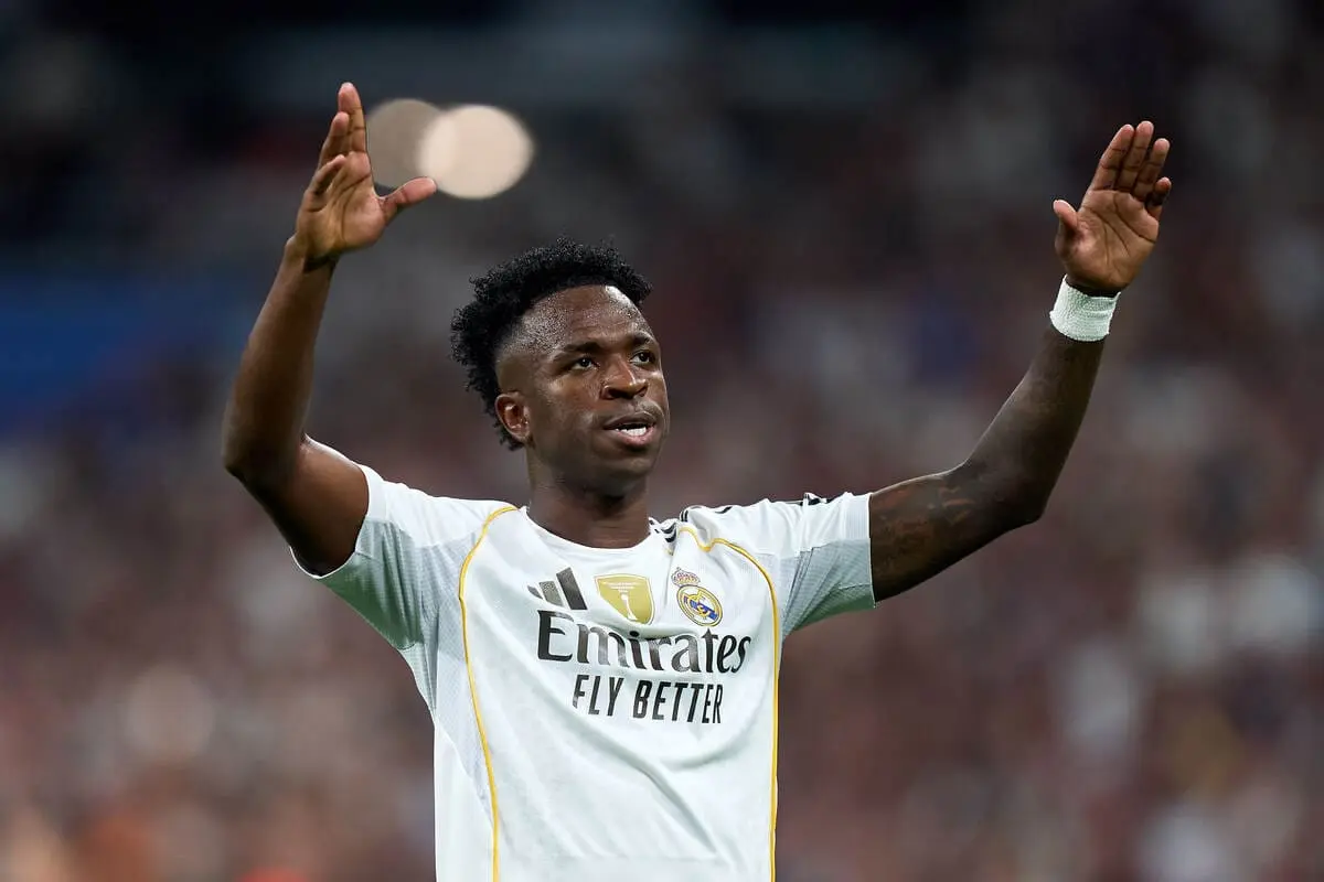 MADRID, SPAIN - OCTOBER 04: Vinicius Junior of Real Madrid celebrates scoring his team's first goal during the LaLiga EA Sports match between Real Madrid CF and Villarreal CF at Estadio Santiago Bernabeu on October 04, 2025 in Madrid, Spain. (Photo by Angel Martinez/Getty Images).