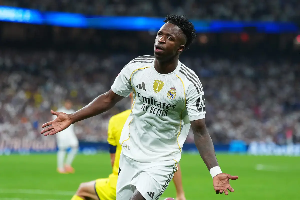 MADRID, SPAIN - OCTOBER 04: Vinicius Jr. of Real Madrid celebrates scoring his team's first goal during the LaLiga EA Sports match between Real Madrid CF and Villarreal CF at Estadio Santiago Bernabeu on October 04, 2025 in Madrid, Spain. (Photo by Angel Martinez/Getty Images)