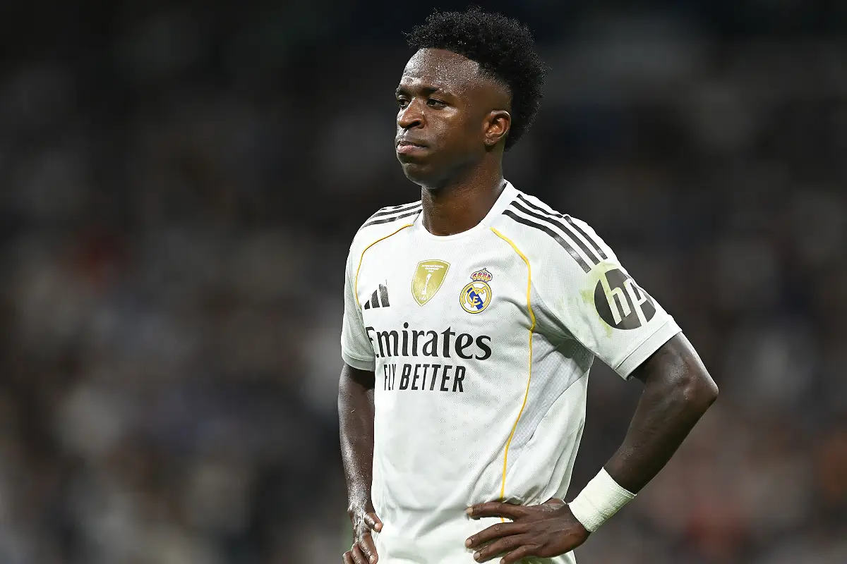 MADRID, SPAIN - NOVEMBER 01: Vinicius Jr. of Real Madrid looks on during the LaLiga EA Sports match between Real Madrid CF and Valencia CF at Estadio Santiago Bernabeu on November 01, 2025 in Madrid, Spain. (Photo by Denis Doyle/Getty Images)