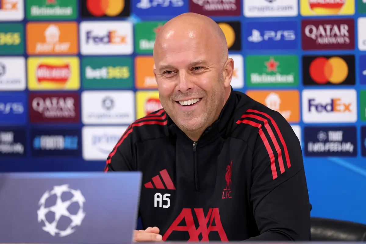 LIVERPOOL, ENGLAND - NOVEMBER 03: Arne Slot, Manager of Liverpool, looks on during a press conference at AXA Melwood Training Centre on November 03, 2025 in Liverpool, England. (Photo by Jan Kruger/Getty Images)