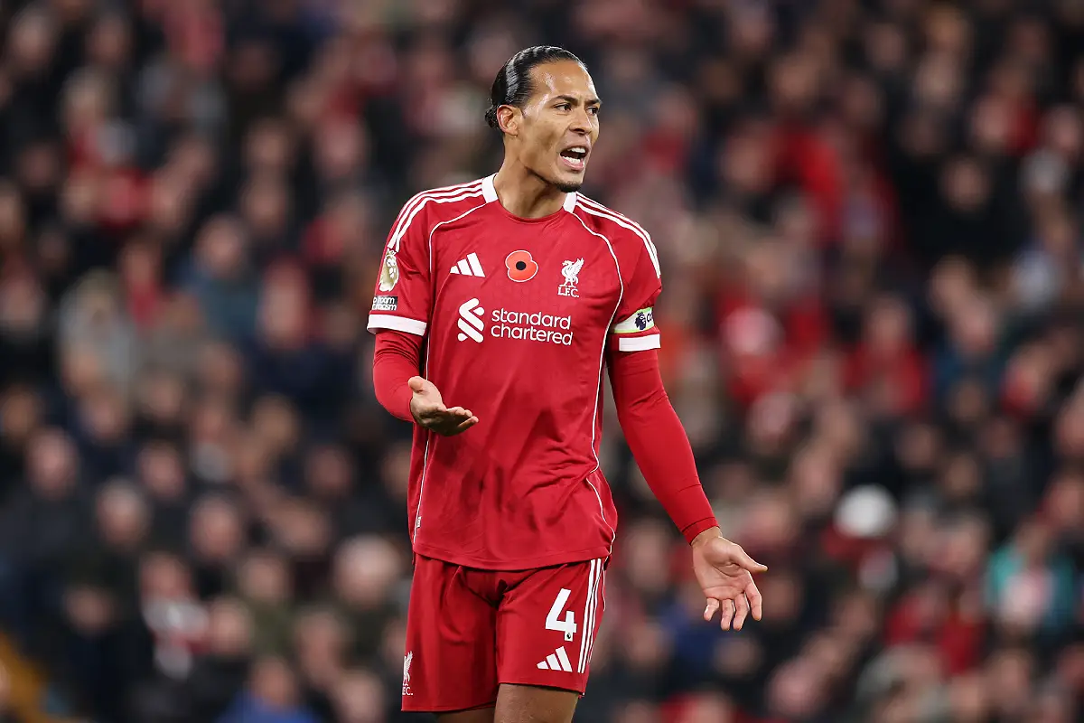 LIVERPOOL, ENGLAND - NOVEMBER 01: Virgil van Dijk of Liverpool reacts during the Premier League match between Liverpool and Aston Villa at Anfield on November 01, 2025 in Liverpool, England. (Photo by Jan Kruger/Getty Images)