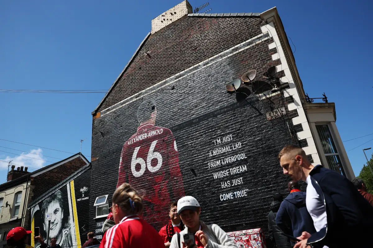 LIVERPOOL, ENGLAND - MAY 25: A general view of a muralof Trent Alexander-Arnold which reads "I'm Just A Normal Lad From Liverpool Whose Dream Has Just Come True" on the side of a house on Sybil Road prior to the Premier League match between Liverpool FC and Crystal Palace FC at Anfield on May 25, 2025 in Liverpool, England. (Photo by Carl Recine/Getty Images)