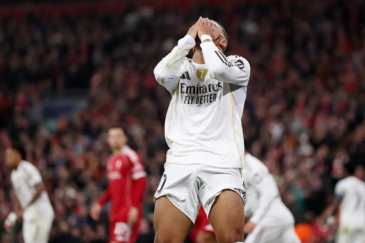 LIVERPOOL, ENGLAND - NOVEMBER 04: Kylian Mbappe of Real Madrid reacts during the UEFA Champions League 2025/26 League Phase MD4 match between Liverpool FC and Real Madrid C.F. at Anfield on November 04, 2025 in Liverpool, England. (Photo by Michael Regan/Getty Images)