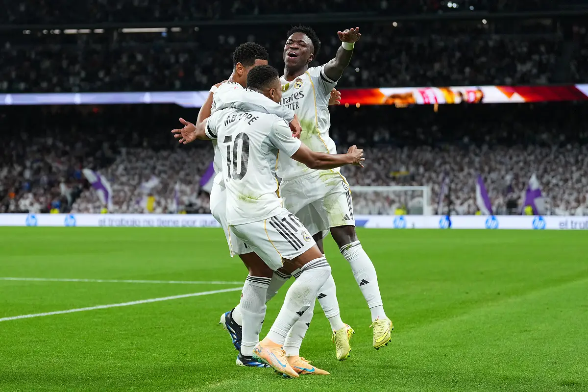 Mbappé, Bellingham et Vinicius Jr font partie des Madrilènes convoqués en sélection (Photo by Angel Martinez/Getty Images).