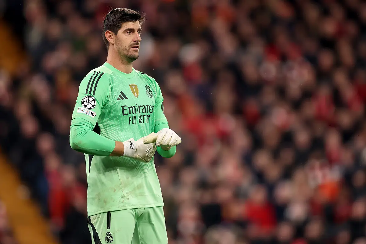 LIVERPOOL, ENGLAND - NOVEMBER 04: Thibaut Courtois of Real Madrid during the UEFA Champions League 2025/26 League Phase MD4 match between Liverpool FC and Real Madrid C.F. at Anfield on November 04, 2025 in Liverpool, England. (Photo by Carl Recine/Getty Images)