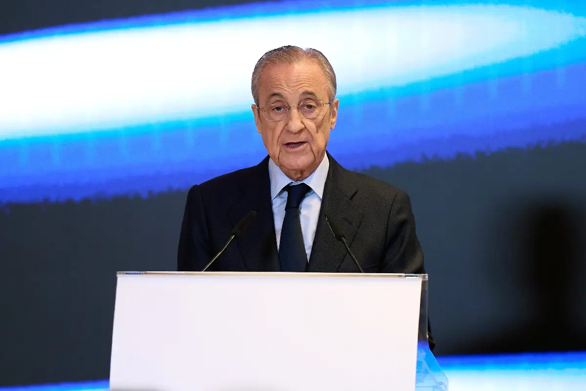 MADRID, SPAIN - OCTOBER 31: Florentino Perez, President of Real Madrid speaks to the audience as Kylian Mbappe is awarded with the Golden Boot 2024-2025, at Estadio Santiago Bernabeu on October 31, 2025 in Madrid, Spain. (Photo by Angel Martinez/Getty Images)