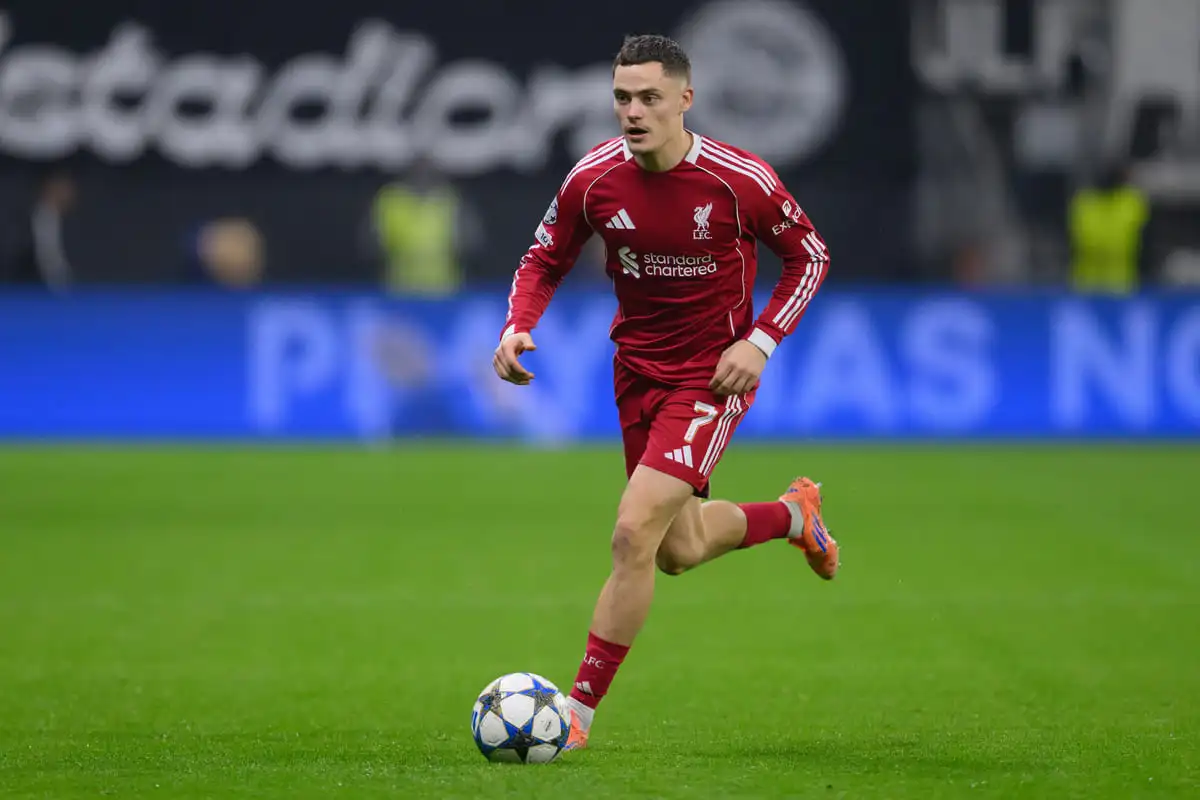 FRANKFURT AM MAIN, GERMANY - OCTOBER 22: Florian Wirtz of Liverpool FC in action during the UEFA Champions League 2025/26 League Phase MD3 match between Eintracht Frankfurt and Liverpool FC at Frankfurt Stadion on October 22, 2025 in Frankfurt am Main, Germany. (Photo by Christian Kaspar-Bartke/Getty Images).